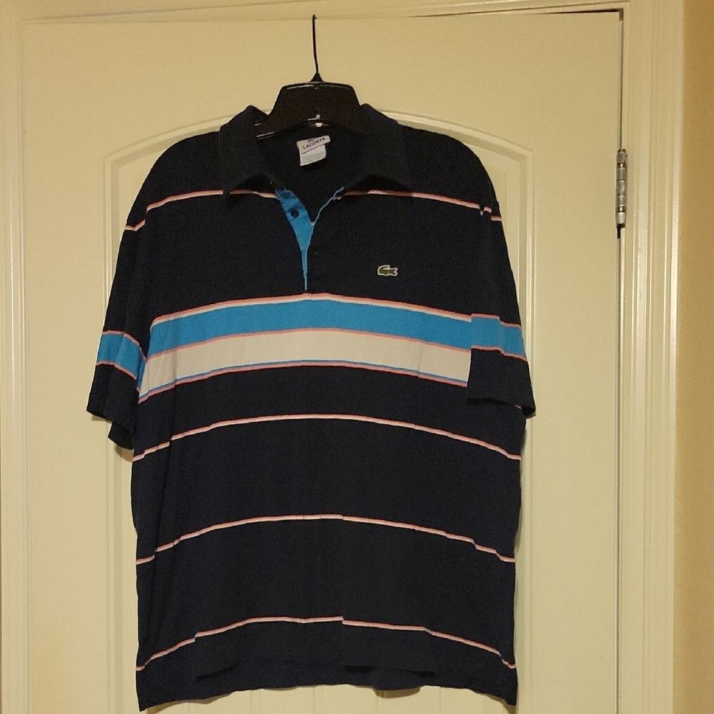 Lacoste Men's Polo Shirt with Blue and Pink Stripes.  Size 8